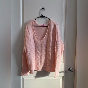 Edikted Light Pink V-Neck Cable Knit Sweater